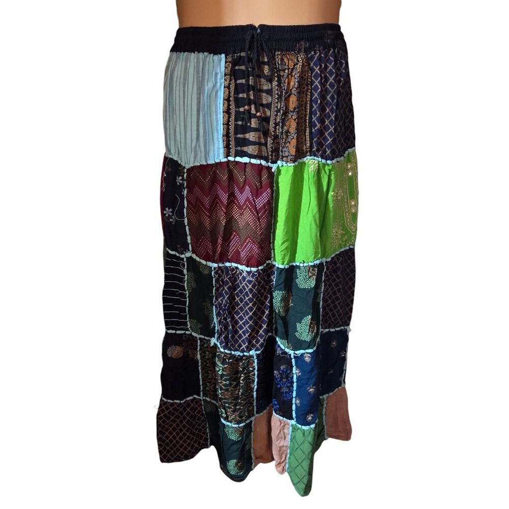 Multi-coloured patchwork maxi skirt with elastic waist - ONE SIZE - VEVEZ